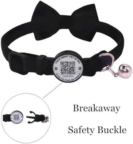 THAIN Personalized Cat Collar with Bell and Bowtie Breakaway QR Code Name Smart ID tag Quick Release Soft Comfortable Collar for Cats and Kittens (Black)