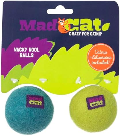 Mad Cat Wacky Wool Balls, Catnip and Silvervine Blend Cat Toys, Pack of 2