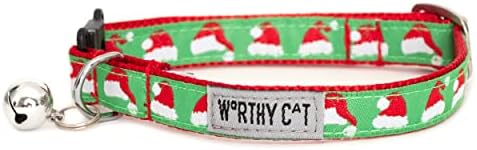 THE WORTHY DOG Christmas Patterns, Breakaway Cat Collar with Bell, Green