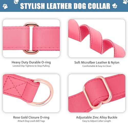 Soft Leather Martingale Dog Collar - Adjustable Rose Gold Limited Slip Collars [Easy to Clean], Stylish Durable Heavy Duty Nylon No Pull Training Collar for Small Medium Large Dogs XS Hot Pink