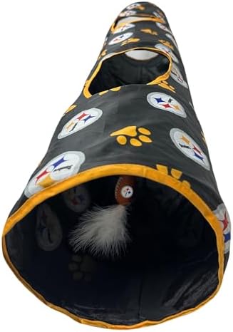 NFL Pittsburgh Steelers Cat Tunnel Tube Toy with Plush Football Catnip and Feathers Collapsible Tunnel for Cats to Play, Peek and Hide, Sporty & Fun Cat Tunnel Toy with Team Logo All-Over Design!