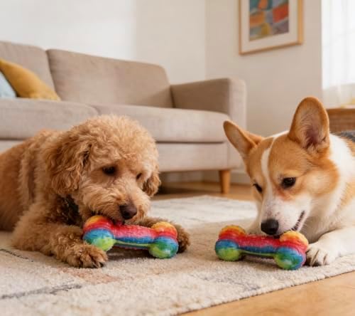 Soft TPR Rainbow Bone Dog Chew Toy, Squeaky Interactive Play Toy for Small & Medium Dogs, Gentle Chew & Teething Relief, 4.72 Inch