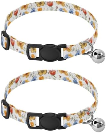 Watercolor Wildflower Decorative Pet Collar with Bell 2 Pack Puppy Collar Adjustable 10.6 to 17.1 Inches