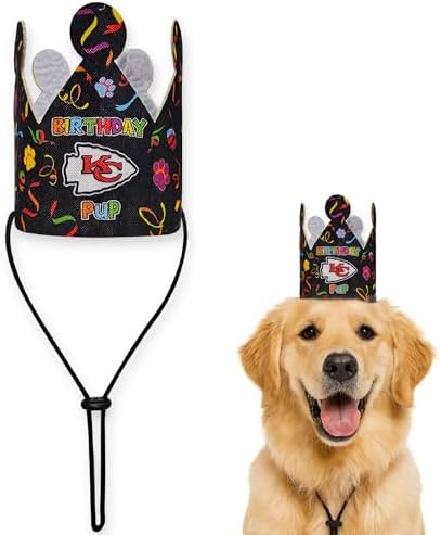 NFL Kansas City Chiefs Pet Birthday Crown, NFL Dog Birthday Party Set and Costume, Licensed Dog & Cat Birthday Party Hat, Football Team Costume Accessory, Pet Celebration Outfit