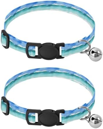 Watercolor Ocean Waves Blue Turquoise Cat Collar Breakaway with Bell 2 Pack Kitten Collar Adjustable Length 10.6" to 17.1"