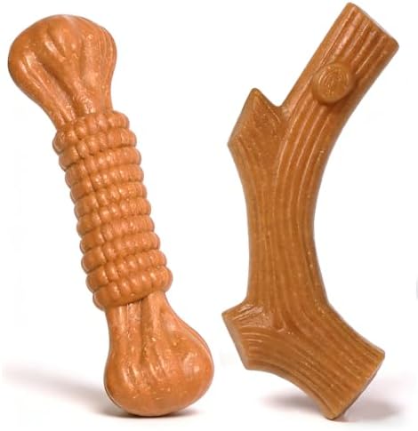 SCHITEC Dog Chew Toys for Aggressive Chewers, [2 Pack] Tough Bone and Stick Set with Chicken Flavor, Long Lasting Durable Teething Toy for Medium Large Dogs