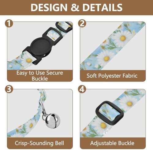 White Daisies Green Leaf Dog Collars for Small Dogs, 2 Pack Puppy Collar with Bell