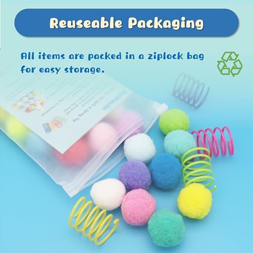 30 Pcs Premium Silent Cat Pom Pom Balls, Interactive Lightweight Assorted Colors Fuzzy Toy Balls (1.2 inches), with 4 Pcs Cat Spring Toy for Indoor Kitten Playing Exercising