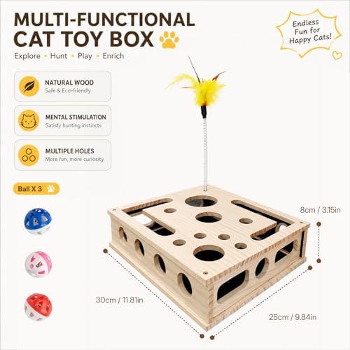 3-in-1 Cat Amazing Puzzle Box, Interactive Foraging Hunt & Cat Nail File Device with 1 Feather Wand & 3 Bell Balls, Wooden Enrichment System for Indoor Cats to Scratch, Play & Exercise