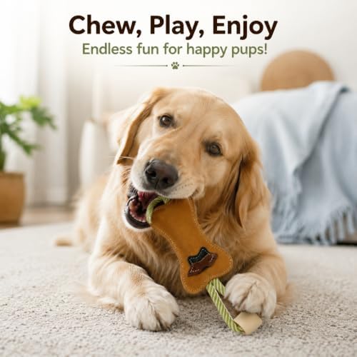 Natural Suede Leather and Rope Chew Toy with Bone Design for Medium and Large Dogs | Durable Interactive Play Toy | Great for Fetch, Tug and Daily Chewing Fun