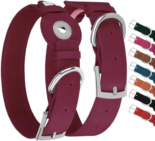 Leather Dog Collar with Airtag Holder - Apple Air Tag Dog Collars - Soft Tracking GPS Pet Collar for Small Medium Large Dogs Breed Puppy (Burgundy, S, 9"-12" Neck Fit)