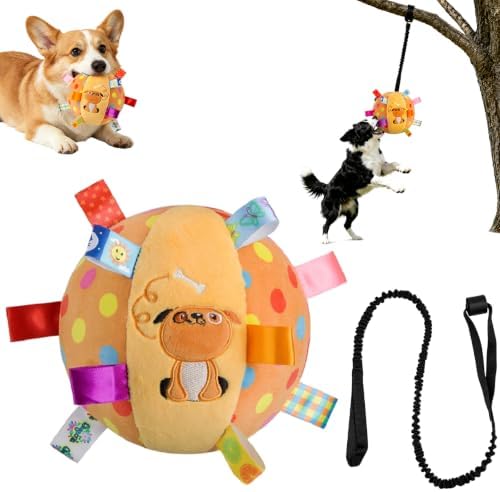Colorful Squeaky Play Ball,Colorful Squeaky Hanging Dog Training Toy with 60 inch Elastic Ropes Soft with Bell 6-inch Soft Puppy Ball for Small Dogs & Puppies Indoor & Outdoor(Dog-B)