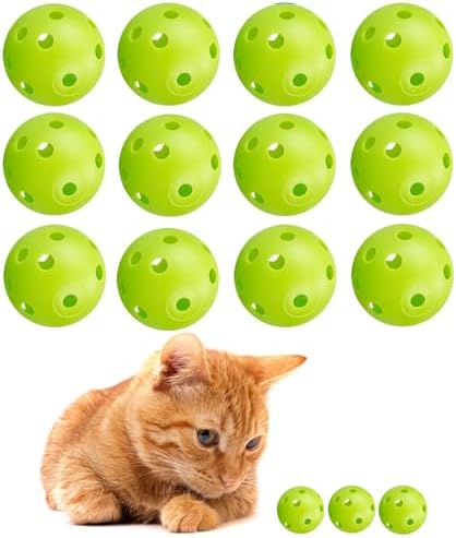 12Pcs Cat Ball Toy, Low Noise No Bells Holey Plastic Cat Balls, Funny Interactive Cats Toys for Indoor Cats, Firm Toy Balls for Kitten Puppy Ferret Bird (1.65", Green)