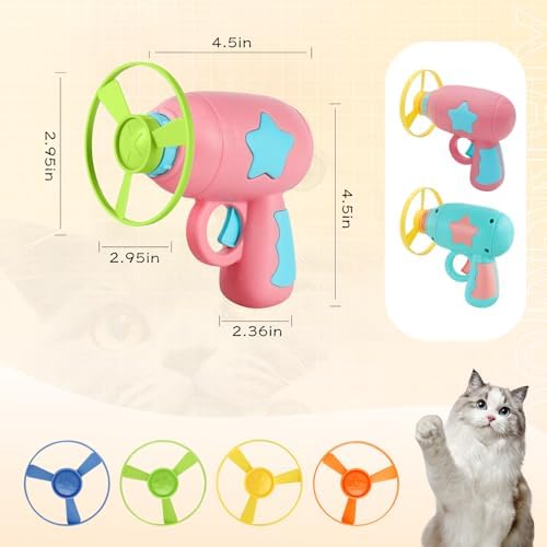 Andiker Cat Fetch Toy, Interactive Kitten Flying Disc Launcher Toy with 5 Colorful Flying Propellers for Cat Enrichment, Flying Saucer Toy for Cats for Training and Chasing (Blue+Pink(10pcs))