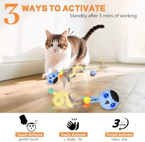 Cat Ball Toy, Upgraded Smart Motion Sensor Moving Ball with 3 Speed Modes & 4 Sounds, Interactive Toy for Indoor Cats, Motion Activated, Chirping Light, 2 Feather Tails(Blue)