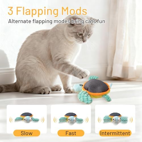 Puffluv Flapping Cat Toy,Can NOT Fly Interactive Auto Beating Arms & Chirping 3 Modes, USB Charging with Catnip,Rechargeable Mimic Sea Turtle for Indoor Kitten No Boredom-Type C