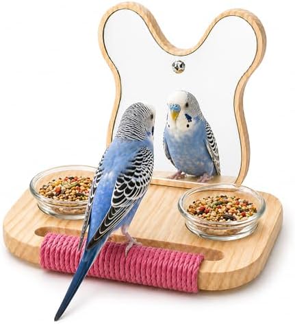 Bird Mirror with Perch and Feeder, Wooden Birds Toys Bird Cage Accessories for Parrots to Expend Energy, Interactive Toys for Greys Amazons Parakeet Cockatiel Conure Lovebirds Finch Canaries