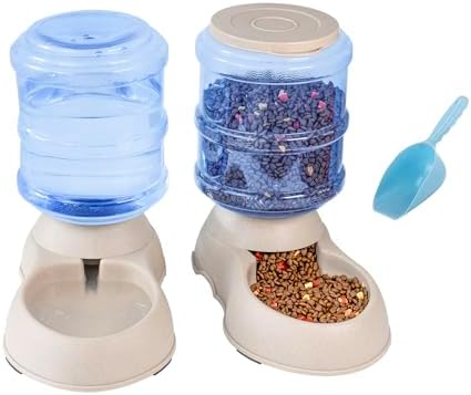 Automatic Cat & Dog Feeder and Water Dispenser Set with Scoop | 1 Gallon Gravity Food Feeder and Waterer Set for Small Medium Puppy and Kitten Pack of 2