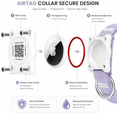 AirTag Dog Collar with QR Code ID, Collar with Air Tag Holder, Purple, S