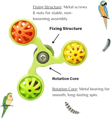 Spinning Bird-Toys Bird Cage Toys & Bird Perch Parrot-Parakeet Budgie Cockatiel Conure Macaw Chicken Parrot Enrichment Cage Accessories Small Animal Chewing Toy (Green Spinner Bell)