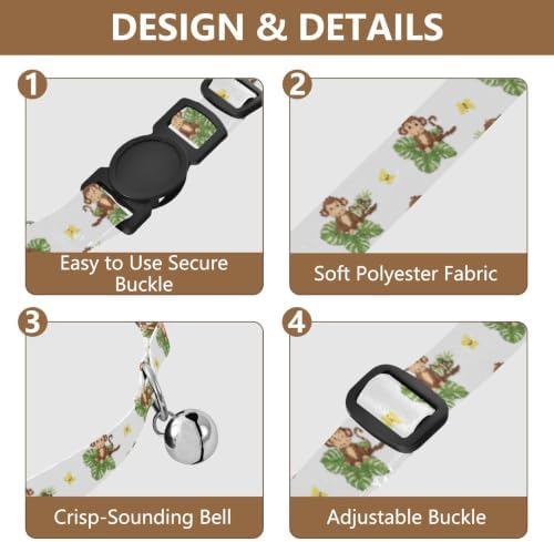 Cute Cartoon Monkeys Tropical Leaf Dog Collars for Small Dogs, 2 Pack Cat Collar with Bell