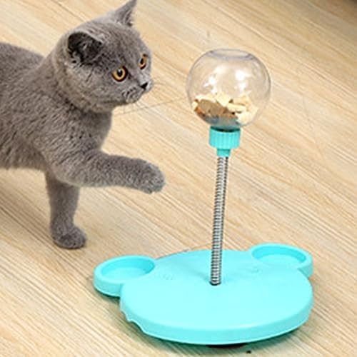 Cat Treat Dispenser Toy, Plastic Cute Bear Shape Leaky Food Circle Balls Track Feeder Toy with Spring, Aggressive Interactive Durable Safe Pet Toys for Mental Enrichment (Blue)