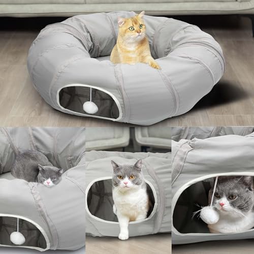 AUOON Cat Tunnel with Bed for Kitten Puppy Rabbit Ferret, Light Grey