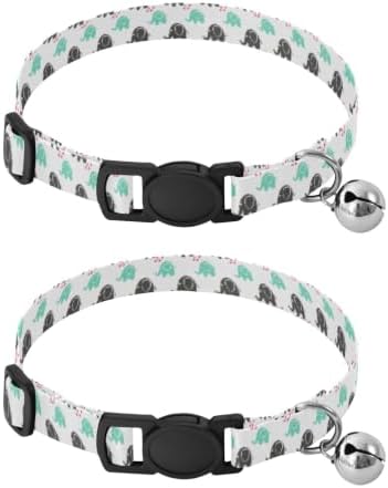 2 Pack Small Dog Collar Cute Elephant Love Mint Breakaway Cat Collars with Bell, Adjustable Length 10.6" to 17.1"