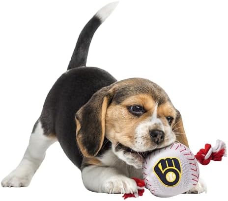 Pets First MLB Milwaukee Brewers Baseball Rope Toy for Dogs & Cats. Tough Nylon, Sporty Baseball Design, Heavy-Duty Ropes with Inner Squeaker