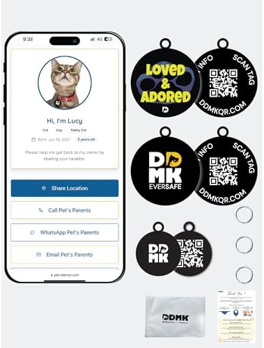 DDMK Smart Pet Tag Set | Includes 3 Tags | QR Code for Instant Alerts | Custom Pet Profiles | Durable & Waterproof | No Subscriptions or Fees |38-Loved & Adored