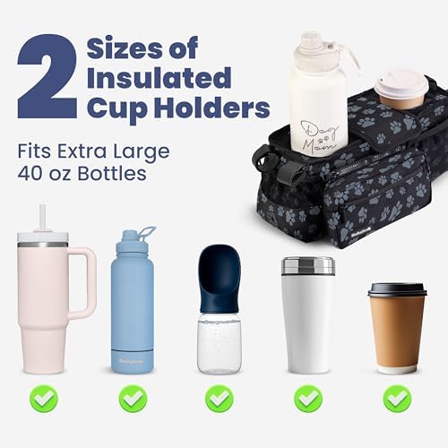 Dog Stroller Caddy Organizer with 2 Insulated Cup Holders & Treat Pocket