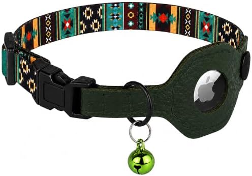 Breakaway Cat Collar with Leather AirTag Holder & Bell - Apple Air Tag Cat Collars for Girls & Boys, Lightweight Anti-Lost GPS Tracker Design, Printed Pattern - Safety and Adjustable (Tribal)