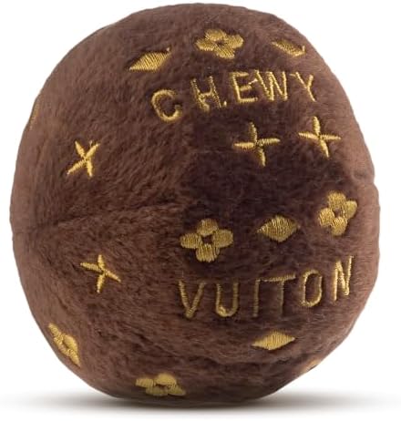 Dog Diggin Designs Chewy Vuiton Plush Squeaky Dog Toy Ball | Luxury-Inspired Parody Designer Ball with Squeaker, Soft Plush Fetch Dog Toy – Prêt-à-Porter Play!