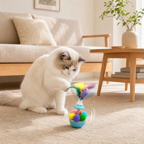 JINTONE Interactive Cat Toy, Self-Righting Tumbler with Feathers & Catnip-Ready Plush Ball, No Battery Needed, Relieve Boredom, Stop Night Zoomies, Easy to Clean for Indoor Kittens & Adult Cats