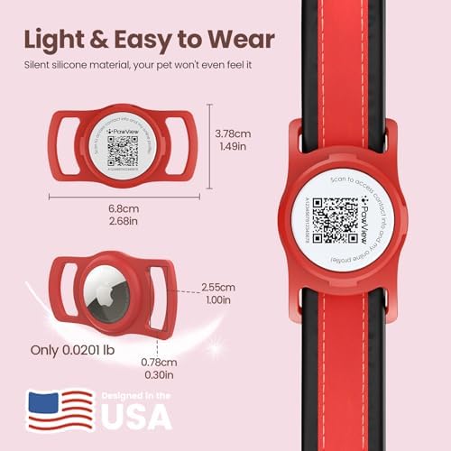 for air tag Dog Collar Holder with QR ID, Durable & Waterproof Silicone for air tag Case Accessories, Scan Alert, Instant Location, Pet Online Profile, Contacts Info (1 Pack, Red)