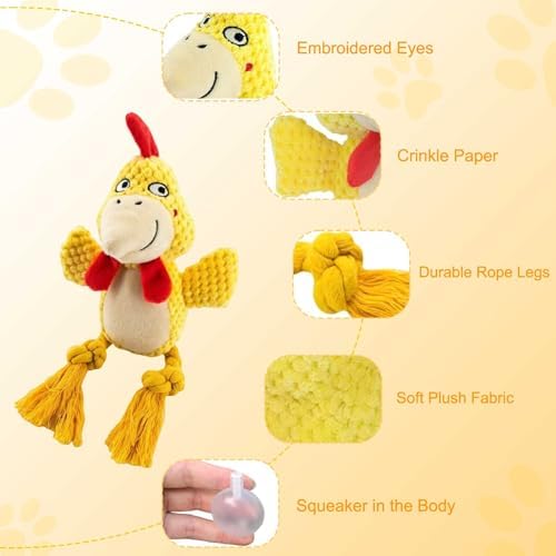 Plush Squeaky Knot Dog Toys, Interactive Chew Toys (Yellow Chicken)