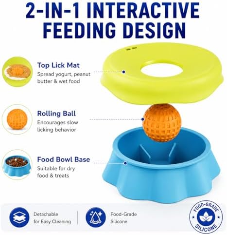 Slow Feeder Dog Bowl, 2-in-1 Rolling Lick Bowl for Dogs