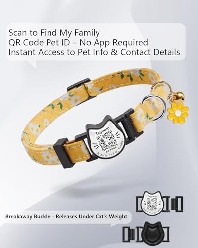 Breakaway Cat Collar with QR Code ID Tag, Adjustable Cotton Kitten Collar with Bell, Scan to Find My Family Personalized Pet Info, Cute Flower Design for Indoor Outdoor Cats,Flower Pendant(Yellow)