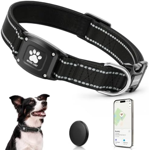 GPS Dog Collar with Tracker, Waterproof, No Monthly Fee, Black, S | Works with Apple Find My, iOS Only, MFi Certified, No SIM Card, for Small Dogs, Reflective Padded Nylon, Neck 12.5-16 in