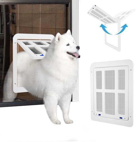 NAMSAN Dog Screen Door, Flap Opening 11.2 x 14.4 inches, Dog Door for Screen Door, Large Pet Door for Sliding Door Magnetic Self-Closing, Screen Door with Doggie Door Built in, Lockable, White