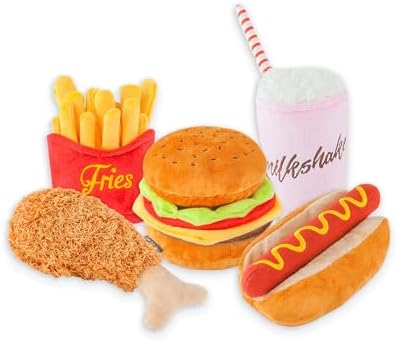 P.L.A.Y. Cute Plush Dog Toys - Fast Food Themed Durable Giggle Chew Toy, Great for Puppies & Small, Medium, Large Dog - Machine Washable, Recycled Materials (American Classic 5 Piece Set, Medium)