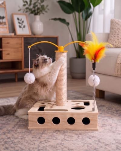 4-in-1 Wooden Interactive Cat Toy with Scratching Post & 3 Rattan Bell Balls - Cat Puzzle Box Treat Maze, 360° Rotating Spinning Teaser with Hanging Pom Poms, Durable Sisal Scratcher for Indoor Cats