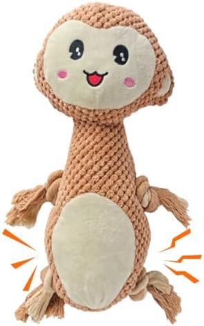 Light Brown Monkey Plush Chew Dog Toy, 13 in, Squeaker and Rope