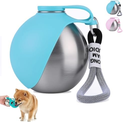 2 in 1 Portable Tumbler for Dogs, Portable Dog Water Ball, 10oz Stainless Steel Pet Water Dispenser with Silicone Foldable Bowl, Leak Proof, Portable Small Dog Water Bottle for Walking, Hiking(Blue)