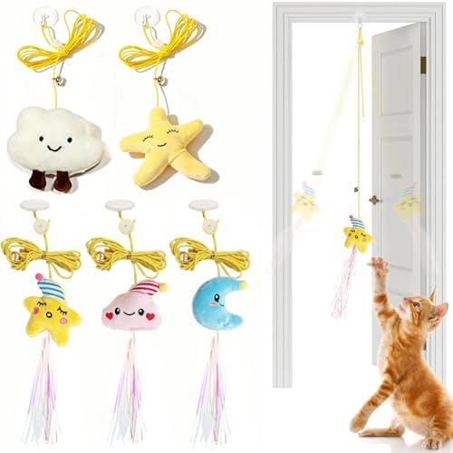 Hanging Door Cat Toy with Elastic String, Interactive Cat Toys for Indoor Cats, Retractable Door Hanging Cat Teaser with Bell/Feather/Plush for Self-Play (5 Pack)