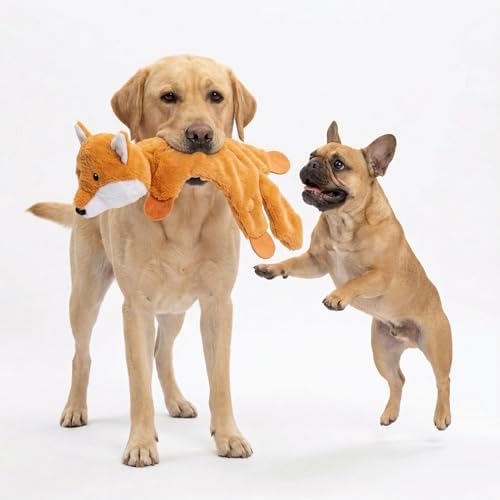 Fuzzl Freddy Fox Crinkle & Squeak Dog Toy – Low Stuffing Soft Plush Puppy Toy – Interactive Squeaky Dog Toy for Small to Medium Dogs – Crinkly Fox Toy for Shaking, Tossing & Snuggling