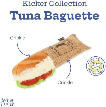 P.L.A.Y. Cute Cat Toys - Feline Frenzy Interactive Kicker Toy, Sandwich Food Themed Catnip Filled Toy, Great for Adult Cats and Kittens - Double Stitched, Recycled Materials, Crinkles (Tuna Baguette)