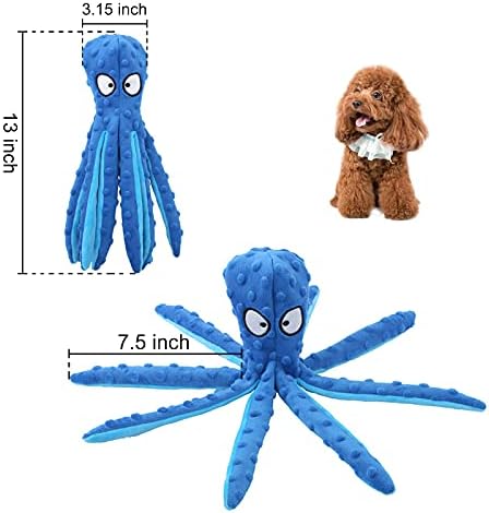 WishLotus Octopus Dog Squeaky Toy - No Stuffing, Plush, Crinkle Paper in Legs, Corduroy Interactive Play & Teething Toy for Small, Medium Dogs (Blue)