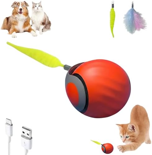 Pawvion Moving Ball Cat Toys with Feather Tail, Rechargeable 2025 New Interactive Toy for Indoor Cats Exercise, Smart Interactive Kitten Rolling Ball, Orange Color