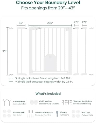 Babelio Auto Close Dog Gate with Cat Door, CatPrivilege I, 29-43" | Safety Gate for Doorway & Stairs, Easy Walk Thru with Pet Door, Includes 4 Wall Cups and 3 Extension Pieces, White